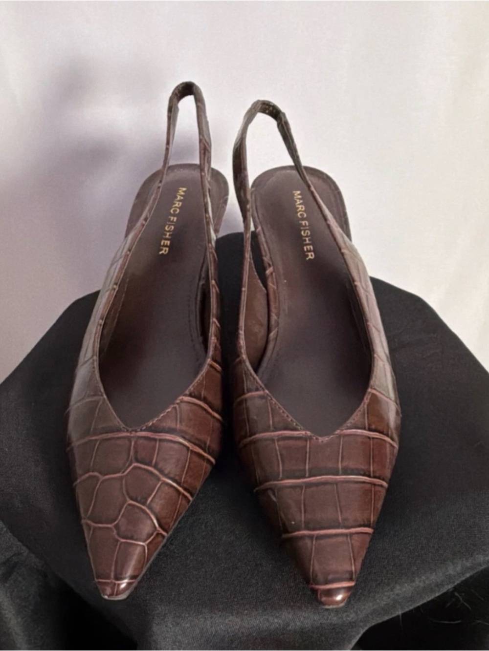 Marc Fisher Brown Croc-Embossed Pointed Slingback kitten heels